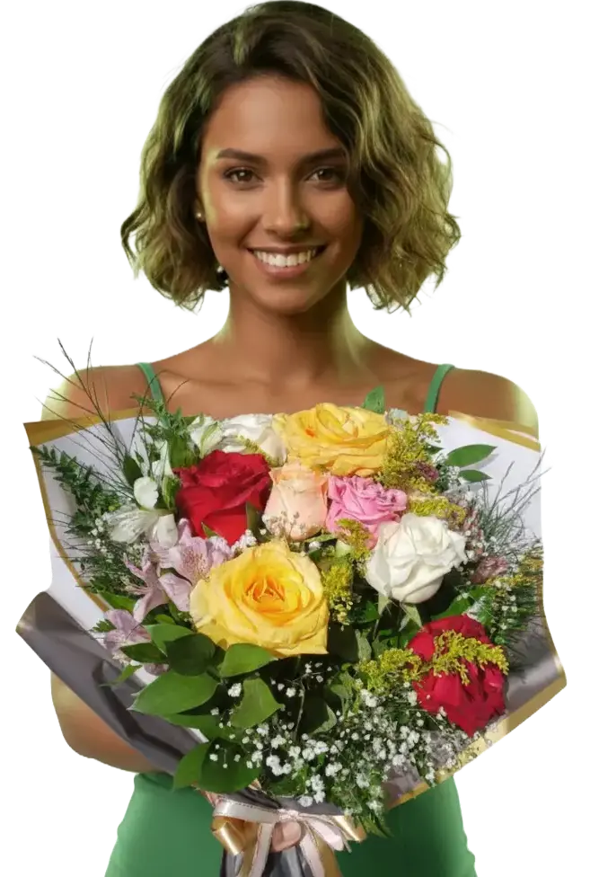 Mulher De Vestido Verde Segurando Um Buquê De Rosas Da Vila Garden Floricultura